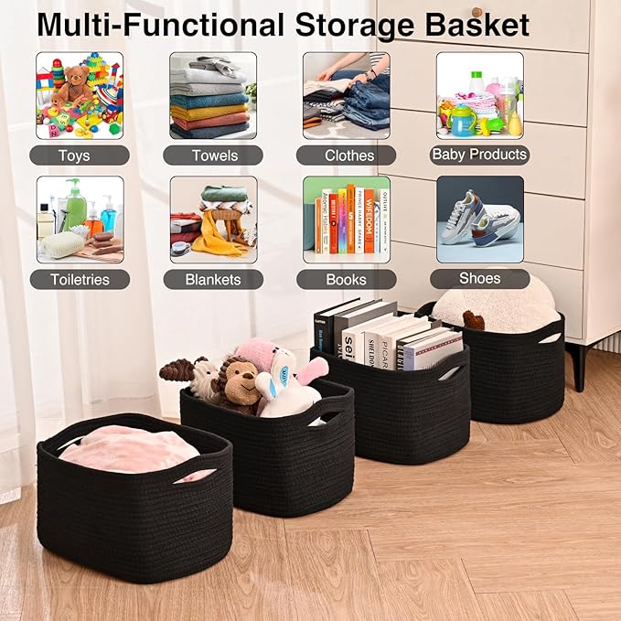 Black Storage Baskets for Shelves, Small Storage Baskets for Organizing, Woven Cotton Rope Baskets for Storage, Book Basket, Decorative Shelf Basket, 12.5"Lx9.1''Wx7.9''H (4 Packs) Black-Ruum Studio Home