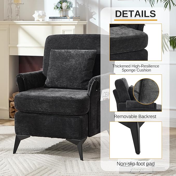 KCC Mid-Century Accent Chairs,Chenille Modern Upholstered Single Sofa,Cozy Armchair with Back for Bedroom/Office/Cafe,Black-Ruum Studio Home