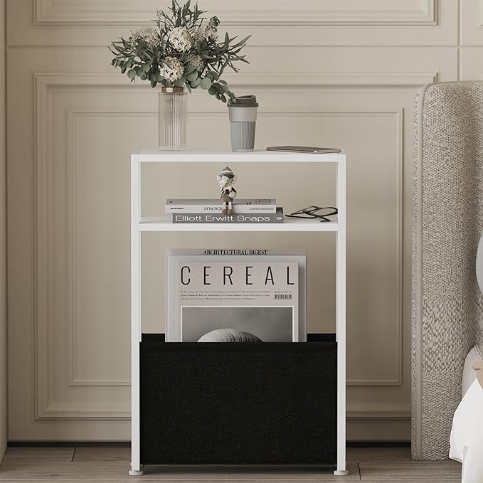 Narrow Side Table, Slim End Tables with Fabric Basket, Skinny Table for Small Spaces, Thin Bedside Table for Living Room, Bedroom, White, ZBZ01-Ruum Studio Home
