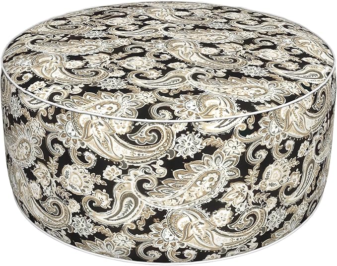 Inflatable Ottoman Stool D31 xH14 for Outdoor/Indoor Use, Water Repellent Patio Foot Rest Stool with Portable Handle,Round Pouf Ottoman Suitable for Garden,Deck and Camping - Paisley Black-Ruum Studio Home