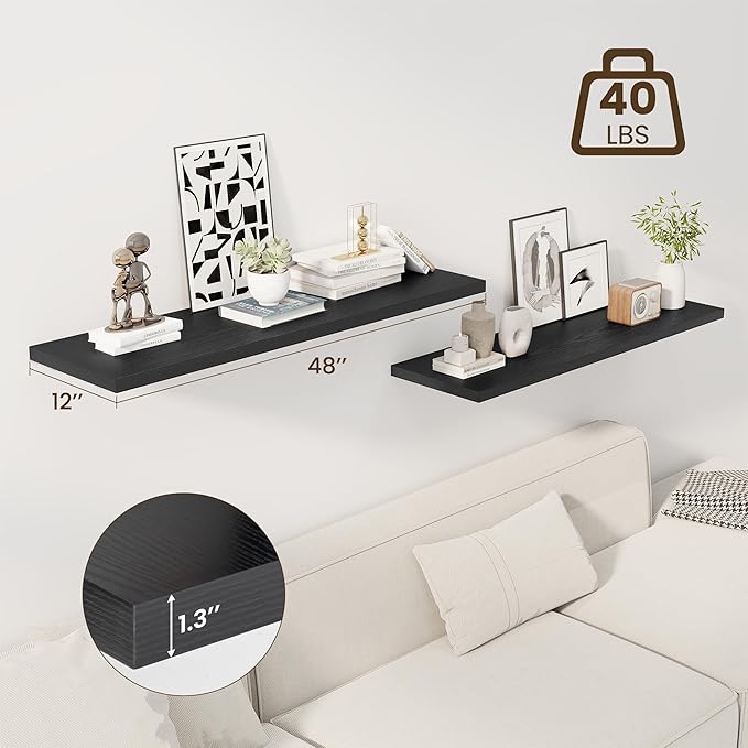 48" Floating Shelves for Wall, 12" Deep Slim Black Floating Shelves, Wall-Mounted Shelves for Bedroom, Living Room, Kitchen, Bathroom - Set of 2-Ruum Studio Home