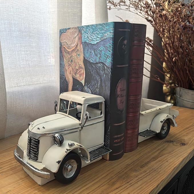 Decorative Book Ends Vintage Bookends: Metal Truck Book Stopper for Heavy Books - Farmhouse Decor for Shelf Table Coffee Bar Office Home - Gift for Adults Men Teen (Vintage White)-Ruum Studio Home