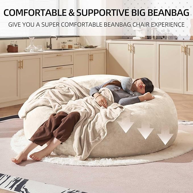 Bean Bag Chair 6Ft, Memory Foam Filled, Large Beanbag Chairs for Adults and Teens, Soft Sofa with Removable Flannel Cover, Round Couch for Living Room Bedroom College Dorm (Apricot, 6FT-67×67"×24")-Ruum Studio Home