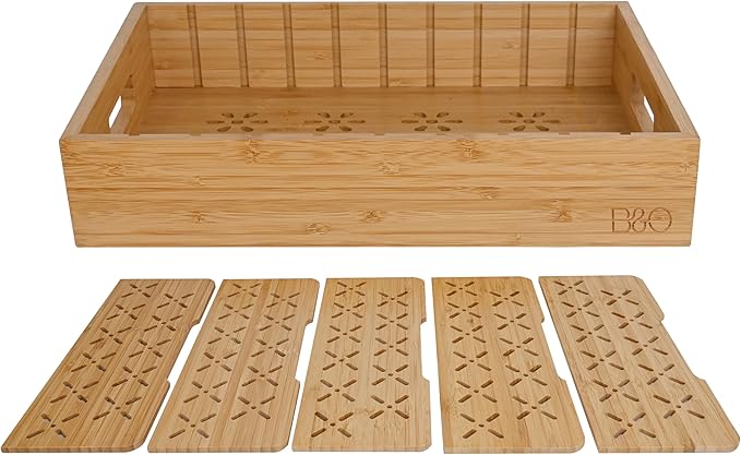 Natural Bamboo Storage Tray with 5 Custom Dividers, Deep Drawer Organizer for Kitchen, Small Cabinets, Home Office & Living Room-Ruum Studio Home