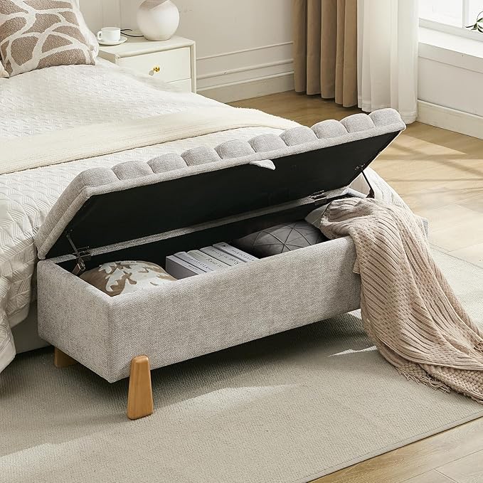 Storage Ottoman Bench, Bedroom Storage Bench Foot Rest with Legs, 17.1 x 48.6 x 18.5 Inches, End of Bed Bench, Load up to 500 lb, for Living Room, Bedroom, Entryway, Light Gray-Ruum Studio Home