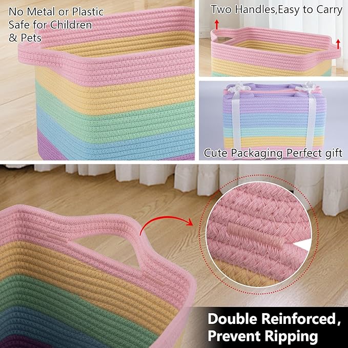 OIAHOMY Storage Basket, Woven Baskets for Storage, Cotton Rope Basket for toys,Towel Baskets for Bathroom - Pack of 3, Rainbow Pastel-Ruum Studio Home