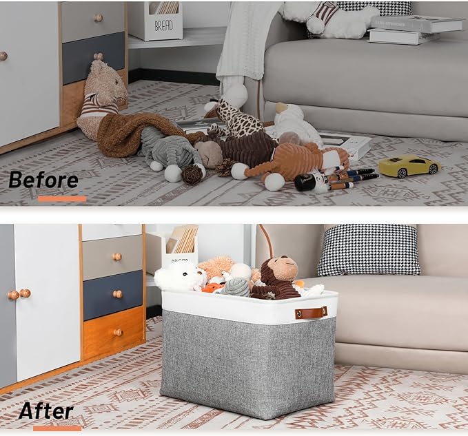 DULLEMELO Large Storage Baskets, Fabric Storage Basket with Leather Handles for Shelves Closet Nursery Toy Storage, Collapsible Fabric Baskets for Toy Book Magazine Towel Organizers(White&Gray)-Ruum Studio Home