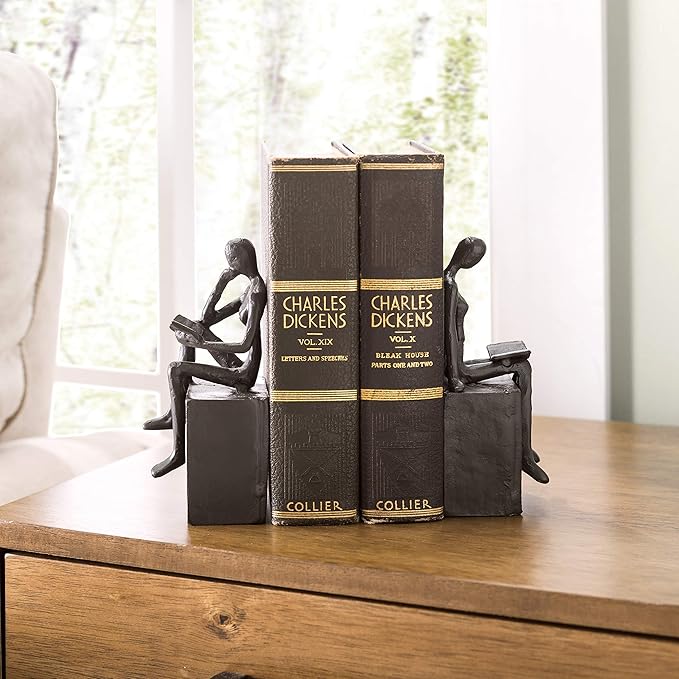Danya B. Metal Art Shelf Decor - Decorative Cast Iron Bookend Set - Man and Woman Reading on a Block-Ruum Studio Home