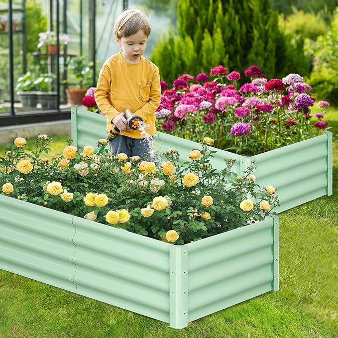 6x3x1ft Large Outdoor Planter Boxes Kit Set of 2, Galvanized Raised Bed Planter with Open-Ended Base Design, Elevated for Outdoor Plants, Durable Raised Bed for Gardening,Green-Ruum Studio Home