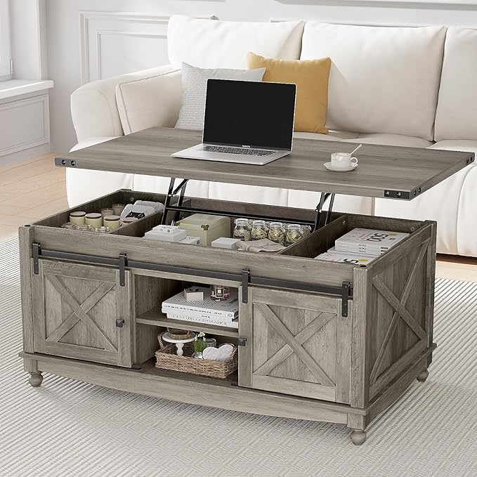 48" Farmhouse Lift Top Coffee Table with Storage Sliding Barn Door & Large Hidden Compartment, Coffee Table with Lifting Top with Wooden Lift Tabletop, Coffee Tables for Living Room, Grey-Ruum Studio Home