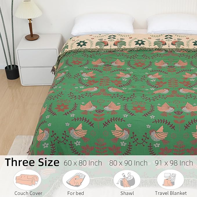 Boho Throw Blanket for Bed, 100% Pure Cotton Ultra Soft Rustic Quilt, Farmhouse Decor Bed Blankets, All Season Rustic Throw for Sofa Couch Chair(91''x 98'', Bird B)-Ruum Studio Home