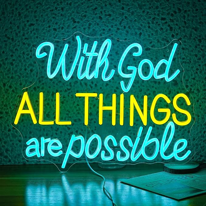With God All Things Are Possible Neon Sign 16.5 * 12.6 Inch Led God Light Up Sign Dimmable USB Neon Light for Room Wedding Party Church Wall Decor (Ice Blue Yellow)-Ruum Studio Home