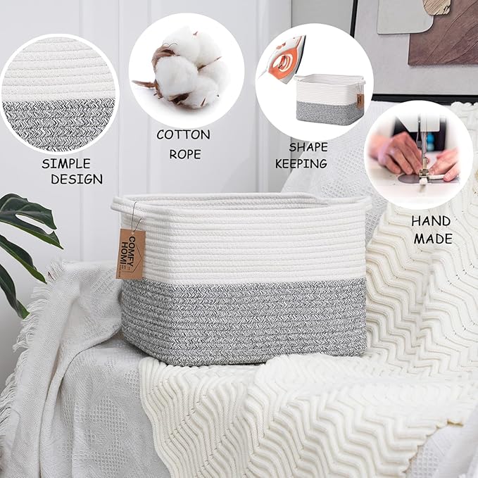 COMFY-HOMI 3-Pack Cotton Rope Woven Basket with Handles for Shelves, Book, Cloth Basket|Dog Toy Basket for Organizingy|13.5" x 11" x 9.5" for Bedroom（White/Grey）-Ruum Studio Home