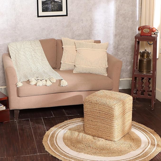 REDEARTH · Cube Pouf Foot Stool Ottoman - Jute Braided Pouffe Poof Accent Sitting - Set of 2 Footrest for The Living Room, Bedroom, Nursery, Patio, Lounge, Office - 14.5”x14.5”x16” - Natural-Ruum Studio Home