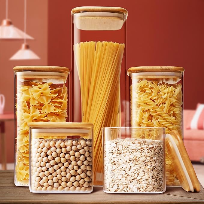 Square Glass Jars with Bamboo Lids [Muti Size Set of 5], Glass Canisters with Airtight Lids, Glass Food Storage Containers for Pasta, Cereal, Flour, Sugar, Best for Kitchen & Pantry-Ruum Studio Home