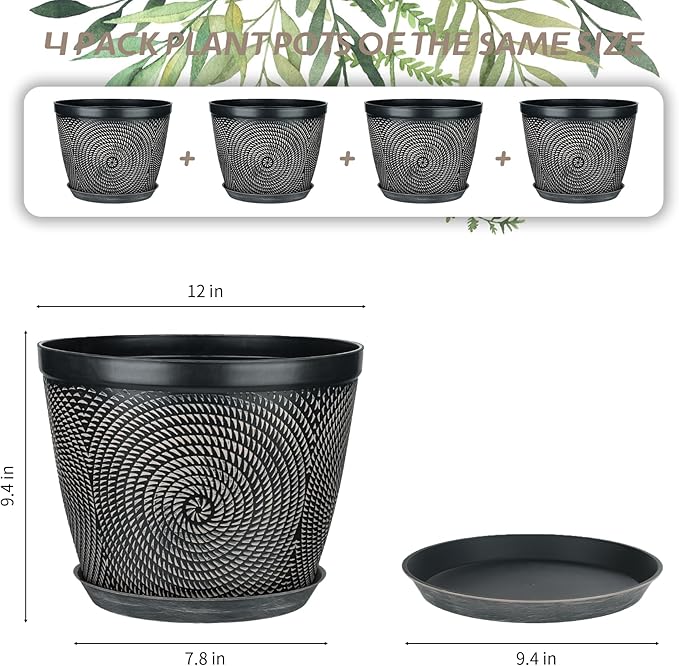Quarut 12 Inch 4 Pack Large Plant Pots, Plastic Flower Pot for Indoor & Outdoor with Drainage Holes & Saucer, Circle Pattern Planters Garden Pots for Herbs-Ruum Studio Home