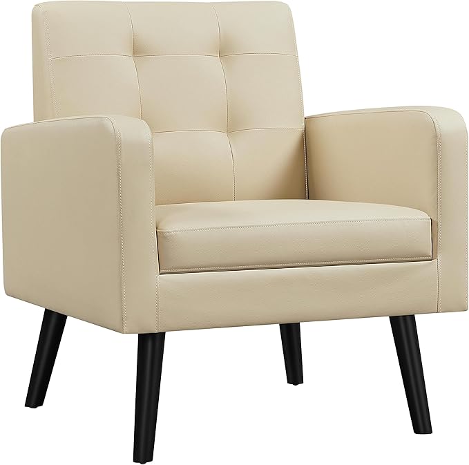Yaheetech Mid-Century Accent Chairs, PU Leather Modern Upholstered Living Room Chair, Cozy Armchair Button Tufted Back and Wood Legs for Bedroom/Office/Cafe Beige-Ruum Studio Home