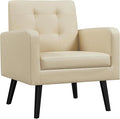 Yaheetech Mid-Century Accent Chairs, PU Leather Modern Upholstered Living Room Chair, Cozy Armchair Button Tufted Back and Wood Legs for Bedroom/Office/Cafe Beige-Ruum Studio Home