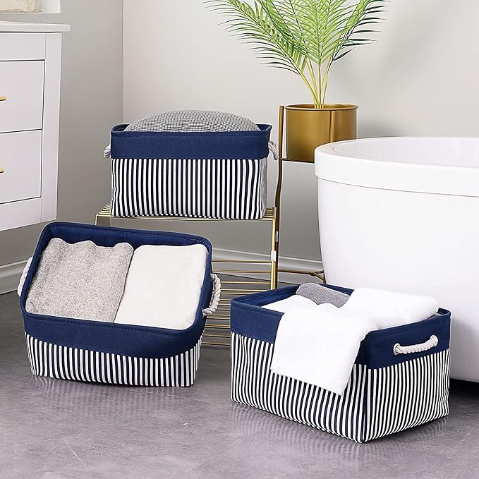 TcaFmac Storage Basket for Organizing - Large 4 Pack Foldable Storage Bins Baskets for Shelves with Ropes, Fabric Storage Cubes for Cloth Toy Gift Kids (Navy & White 16x12x8 inch)-Ruum Studio Home