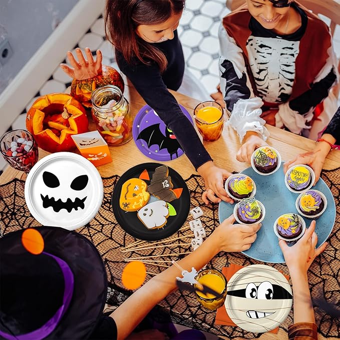 105PCS Halloween Paper Plates Ghosts Pumpkin Skull Spider Web Design for Halloween Party Decorations Supplies, Serves 30-Ruum Studio Home
