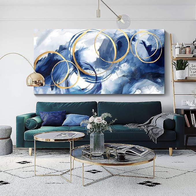 AJAZIKO Large Art For Wall Abstract Wall Decor Blue Modern Art Wall Decor Artwork For Walls Living Room Office Pictures For Wall Navy Gold Contempor Decorations For Bedroom Size 29x58-Ruum Studio Home