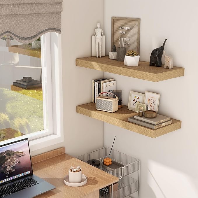 Floating Shelves 30 Inch Long, 12 Inch Deep Floating Shelf for Books, Rustic Wood 30 x 12 Storage Shelves for Wall Storage & Display, Thicked Wall Shelf for Kitchen, Living Room, Oak Color, 1 Pack-Ruum Studio Home