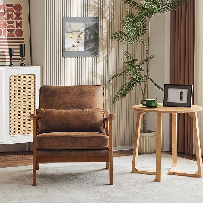 Karl home Accent Chair Wide Armrest Mid-Century Lounge Chair Bronzing Cloth Armchair with Lumbar Pillow & Solid Wood Frame for Living Room, Bedroom, Balcony, Brown-Ruum Studio Home