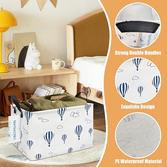 LANGYASHAN Rectangular Storage Bin Collapse Canvas Fabric Cartoon Storage Basket with Handles for Organizing Home Kitchen Boys and Girls Toys Office Closet Shelf Baskets (Rec Blue Balloon)-Ruum Studio Home