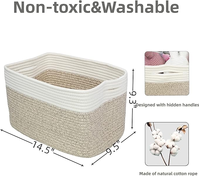 Cotton Rope storage Basket Bins Woven Basket for Organizing Shelves Rectangle Decorative Baskets For storage Clothes Toys Books Towels Square Wicker Nursery basket organizer 3 pack white and brown-Ruum Studio Home