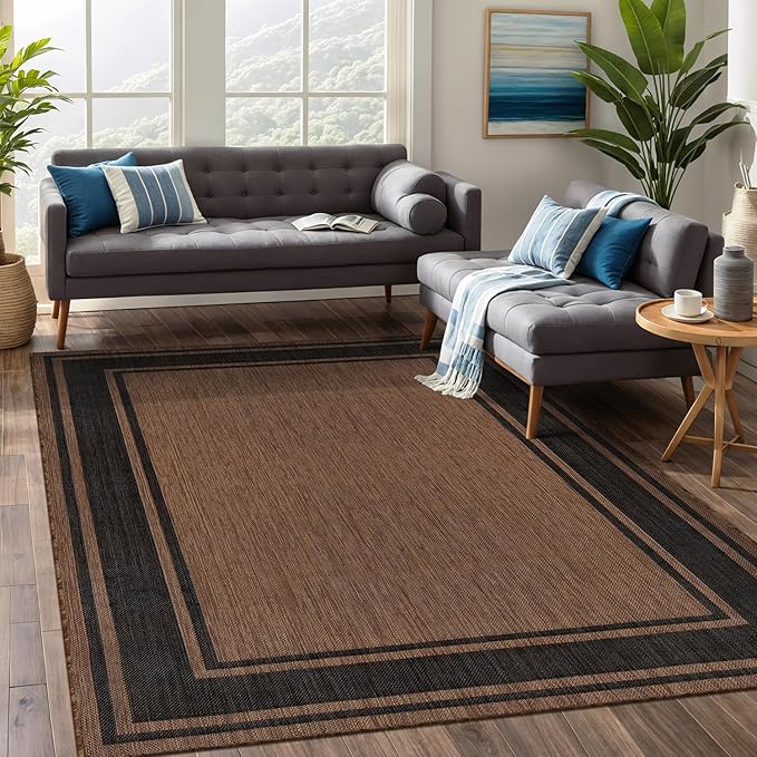 Beverly Rug Large Outdoor Rug 9x12 Modern Bordered Area Rugs for Indoor and Outdoor Patio Deck Porch Garden Waterproof Weather Sun Resistant Washable Outside Carpet (9 x 12 Gold)-Ruum Studio Home