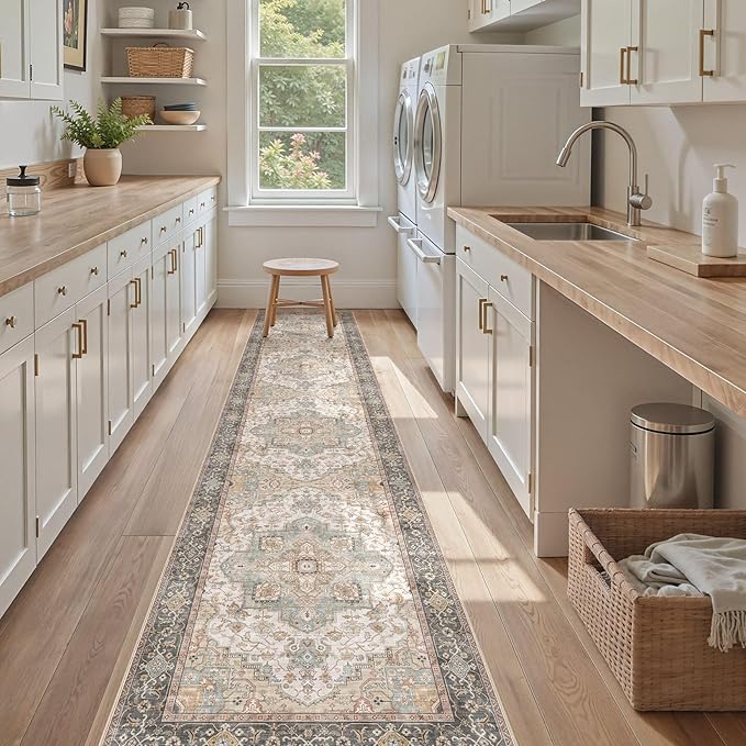 Washable 2.6x12 Runner Rug - Area Rugs Neutral Vintage Distressed Floral Farmhouse Boho Large Soft Floor Rug Indoor Carpet for Hallway Entryway Kitchen Home - Forest Green Orange-Ruum Studio Home