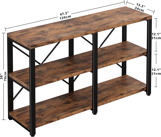 IRONCK Rustic Entryway Console Table, Long Hallway Table 47 in 3-Tier, TV Stand Entertainment Center Media Stand for Living Room, Industrial Style, Vintage Brown-Ruum Studio Home