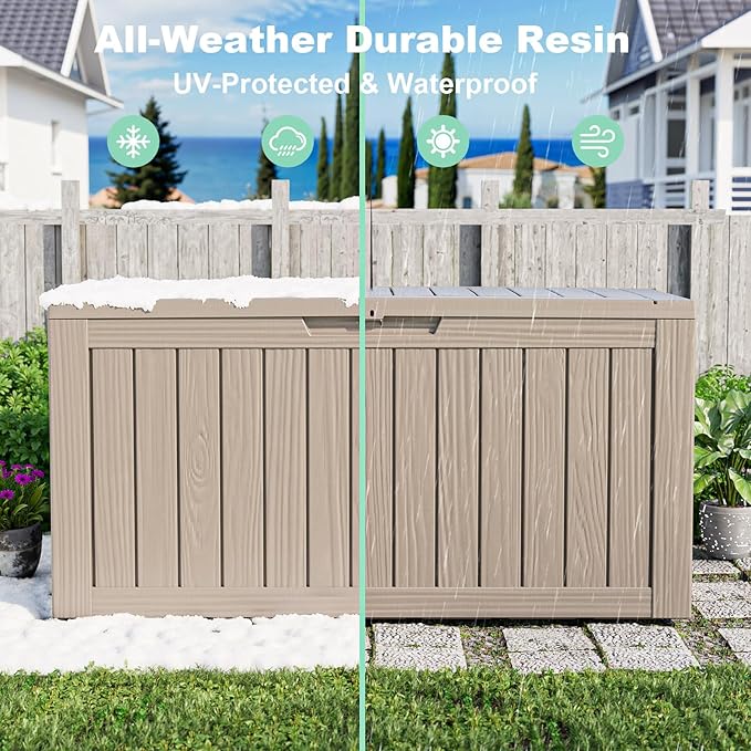 76 Gallon Outdoor Deck Box,Storage Lockable Waterproof Patio Furniture,Garden Tools,Cushions,Pool Accessories Outside Storage Resin Box(Grey)-Ruum Studio Home