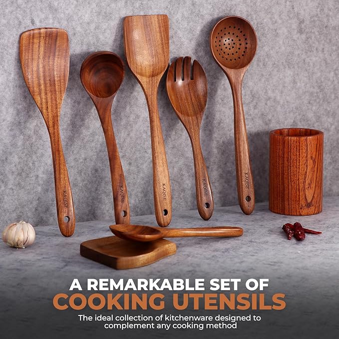 Wooden Spoons for Cooking, Kitchen Utensils Set, Wood Spatulas Soup Ladle Serving Spoons Teak Wooden Utensil Set（8 Pieces ）