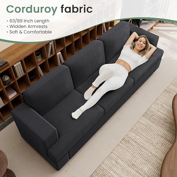 63” Corduroy Loveseat Sofa Couch for Living Room, Small Couch with Deep Seat for Bedroom, Comfy Could Loveseat for Small Living Room, Black Corduroy-Ruum Studio Home