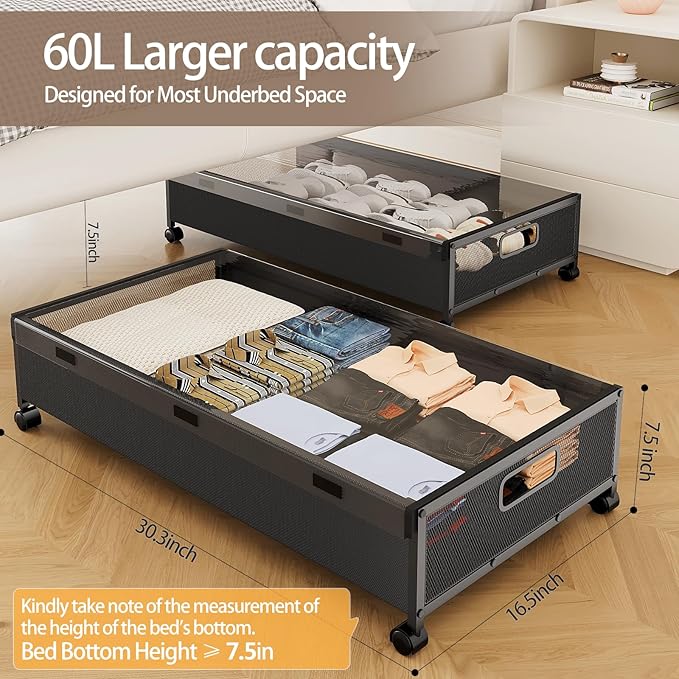 Under Bed Storage Containers with Wheels, 2 Pack Underbed Shoe Storage Organizer with Removable Lids, Large Rolling Under Bed Storage Dresser Drawers for Clothes Toys Shoes Blankets-Ruum Studio Home