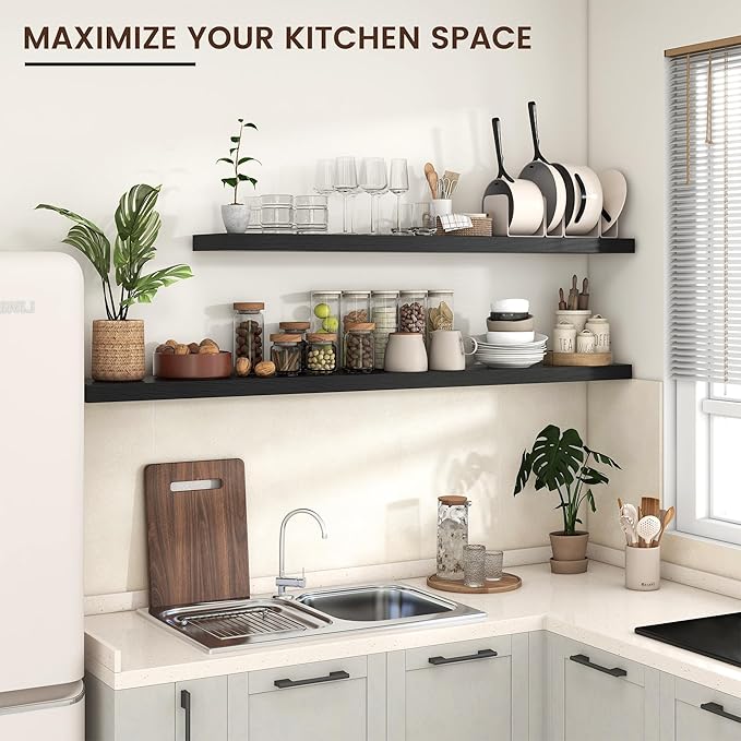 Floating Shelves for Wall, Large Wall Mounted Shelves with Invisible Brackets, Long Wood Floating Shelf Shelves for Living Room, Bedroom, Kitchen, (Black, 55" W x 9" D x 1.5" H)-Ruum Studio Home