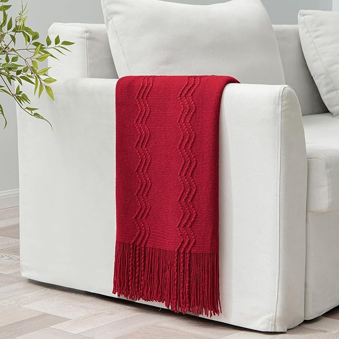 MIULEE Burgundy Red Knitted Throw Blanket for Couch Boho Textured Cozy Woven Blanket with Tassels for Sofa Chair Bed Living Room Acrylic Wave Pattern 60"x80"-Ruum Studio Home