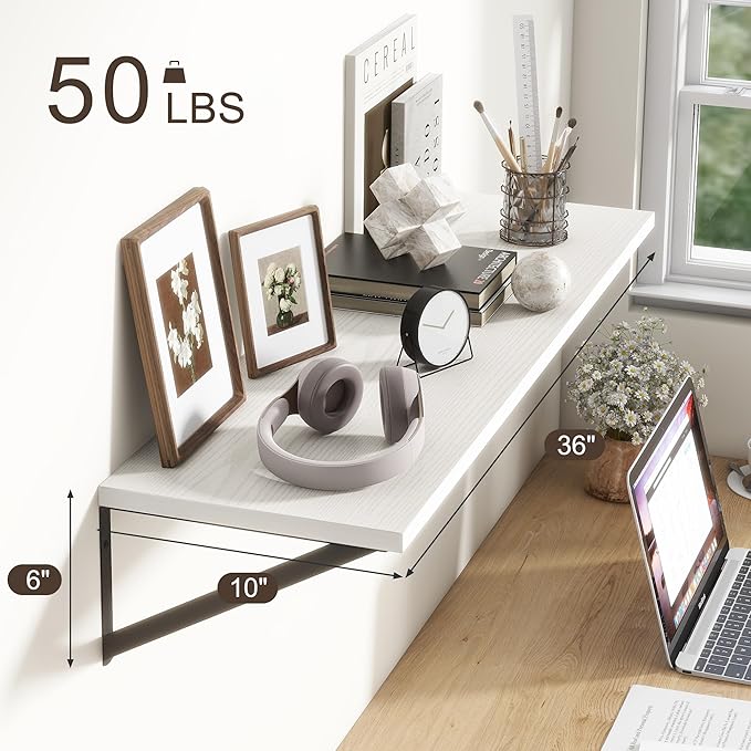 36"W x 10"D Floating Shelves, 10 Inch Deep White Floating Shelves, Farmhouse Rustic Deep Wall Shelves for Home Decor, Wide Large Floating Shelf for Bathroom, Living Room, Kitchen, Study Room-Ruum Studio Home