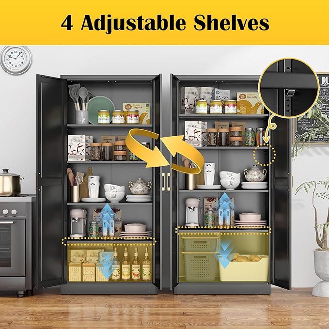 Kitchen Pantry Cabinet,71”Black Metal Pantry Storage Cabinet with Doors and 4 Adjustable Shelves,Kitchen Cabinet with 2 Gold Handles,Tall Cabinet for Livingroom,Pantry, Bathroom-Ruum Studio Home