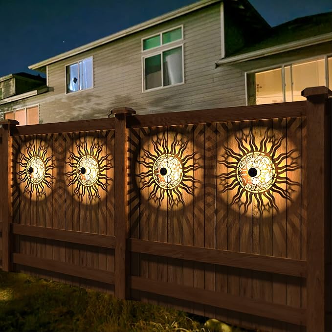 2 Pack Solar Fence Lights Metal Solar Powered Outdoor Wall Deck Lights Sun Moon Theme Waterproof Fence Light for Garden Post Patio Backyard Yard Decor (Face, 2 Pack)-Ruum Studio Home