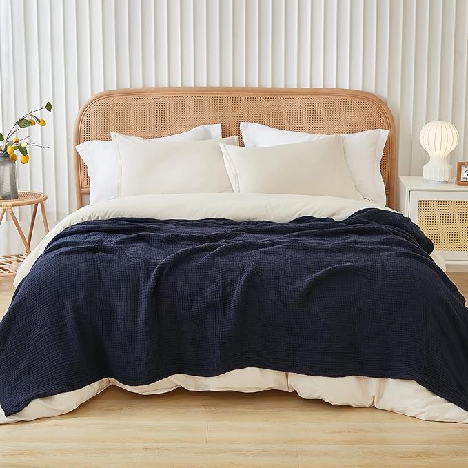 EMME Cotton Throw Blanket for Couch Soft Muslin Blankets 50"x60" Lightweight Breathable Blanket All Season Gauze, Navy-Ruum Studio Home
