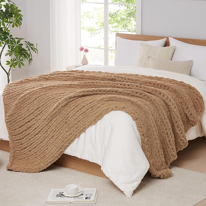 L'AGRATY Chunky Knit Blanket Throw: 50''x60'' Chenille Chunky Knitted Throw Blanket for Bed Couch - Handmade Thick Big Cable Knit Blanket - Large Crochet Rope Blanket for Home Decor(Tan)-Ruum Studio Home