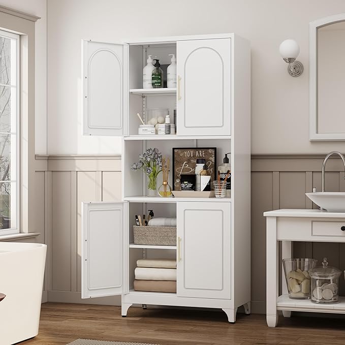 75" Tall Kitchen Pantry Storage Cabinet, Metal Storage Cabinets with 4 Doors and Adjustable Shelves，White Kitchen Hutch Cabinet with Microwave Stand, Large Cupboard for Dining Living Room-Ruum Studio Home