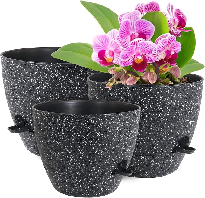 12/10/9 inch Large Self Watering Pots, Planter, Plant Pots with Mesh Drainage Holes for Indoor Outdoor Garden Plants, Plastic Flower Pots with Removable Deep Reservoir, Speckled Black-Ruum Studio Home