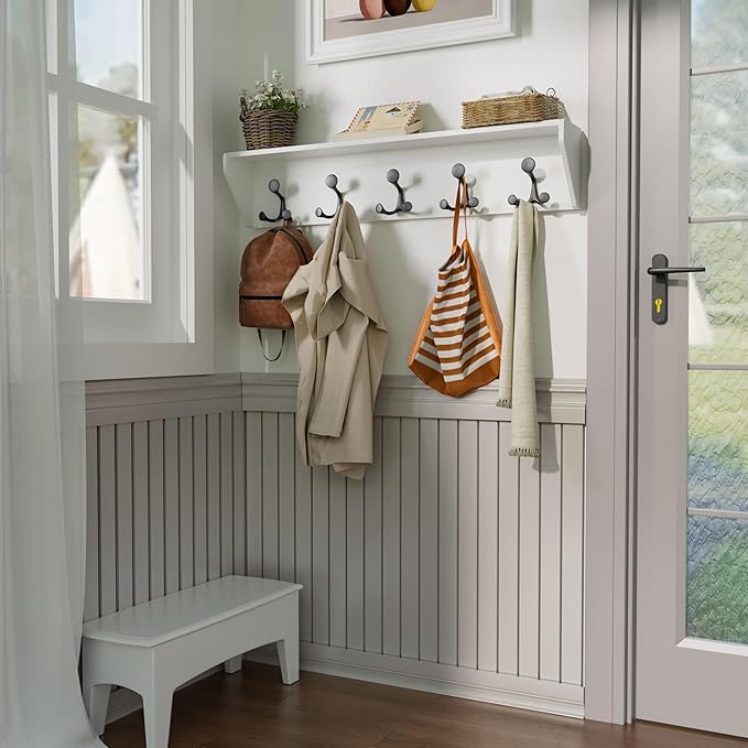 SKOLOO Wall Shelf with Hooks, 35-Inch White Coat Rack Wall Mount with Shelf Organizer - Lightweight & Sturdy, 5 Tri Hooks - Perfect for Entryway, Hallway, Living Room, Bedroom, Mudroom-Ruum Studio Home