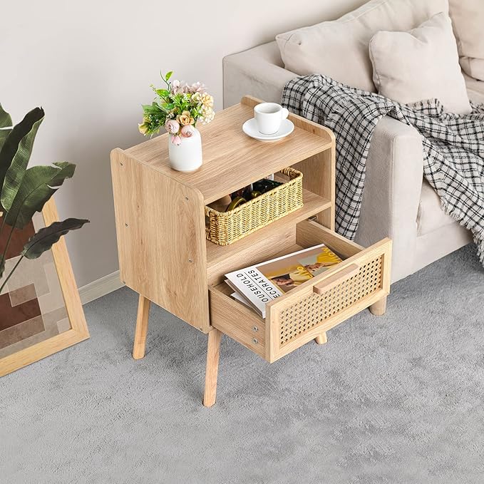 Lerliuo Rattan Nightstand, Boho Side Table with Drawer Open Shelf, Cane Accent Bedside End Table with Solid Wood Legs for Bedroom, Dorm and Small Spaces (Natural)-Ruum Studio Home