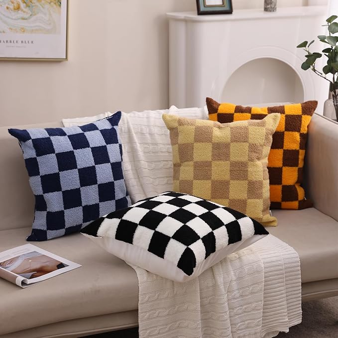 Alysheer Checkered Embroidered Decorative Throw Pillow Covers 18"x 18" Set of 2, Farmhouse Cottage Cream Ivory Plaid Tufted Patterned Cotton Canvas Cushion Case for Sofa Couch Bed Living Room-Ruum Studio Home