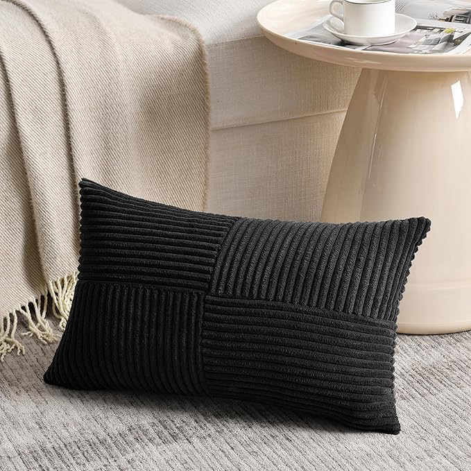 Fancy Homi 2 Packs Black Lumbar Decorative Throw Pillow Covers 14x24 Inch for Couch Bed Sofa, Rustic Farmhouse Boho Home Decor, Soft Striped Corduroy Rectangle Accent Cushion Case 35x60 cm-Ruum Studio Home