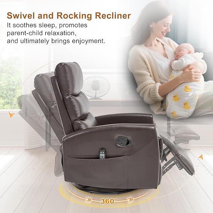 Manual Swivel Rocker Recliner Chair for Adults, Overstuffed Reclining Glider Chair for Nursing with Vibration Massage & Heat, Living Room Rocking Recliner 3-Stage backrest, Faux Leather Brown-Ruum Studio Home
